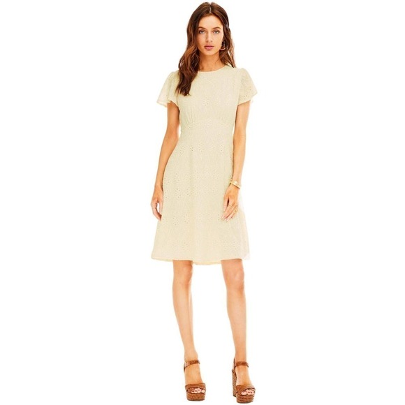ASTR the Label Diana Short Sleeve Dress Ivory Lace Eyelet Retro Classic White S - Picture 1 of 15
